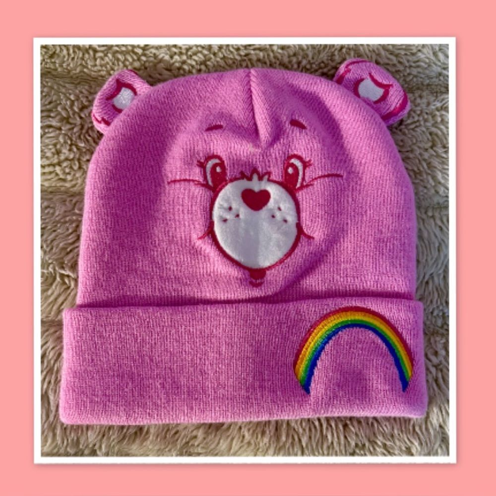 Care Bears Beanie Hat, Cheer Bear Rainbow Winter Knit Cap with 3D Ears